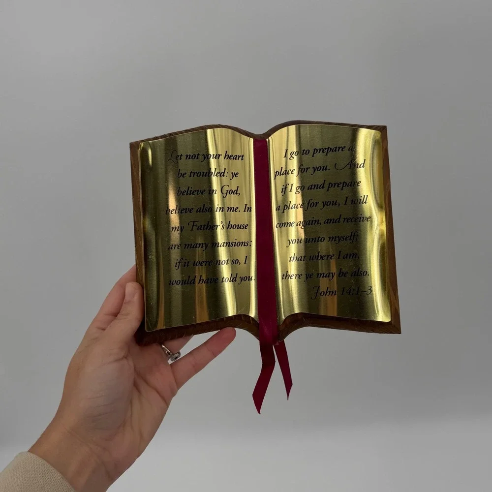 Vintage Wooden Open Book Scripture Wall Plaque Gold Tone John 14:1-3 Decor